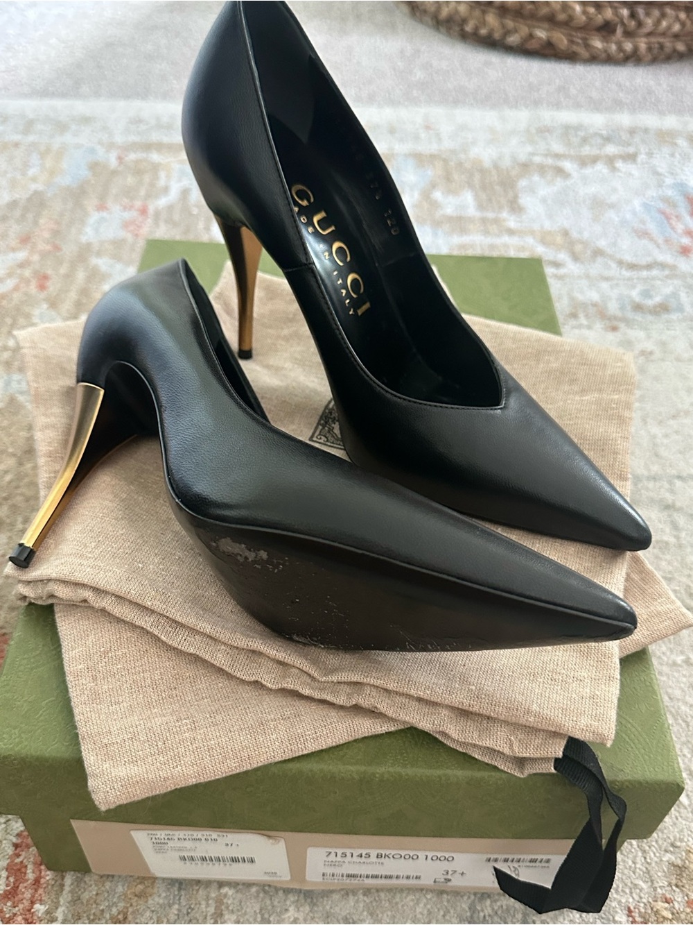 Gucci Priscilla Pointed-Toe Pumps with Gold Stiletto Heel